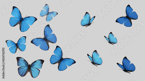 Several Blue Morpho Butterflies in Different Poses on a Plain Gray Background butterfly blue butterfly