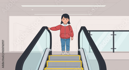 Young Girl Riding Up An Escalator In A Modern Airport Terminal Or Mall