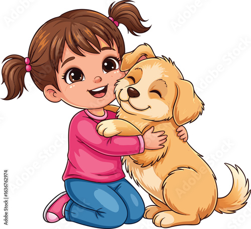 Cheerful young girl giving a warm hug to her adorable playful puppy dog companion