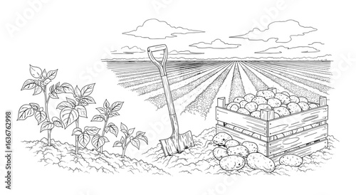 Detailed hand drawn illustration of a potato field with harvest