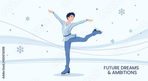Young male figure skater executing a graceful spiral on ice with snowflake details showcases talent, discipline and ambition