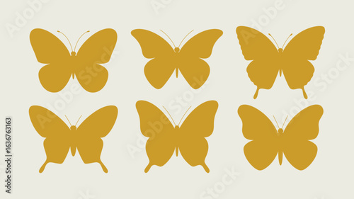 Six Ochre Yellow Butterfly Silhouettes on a Light Beige Background gold