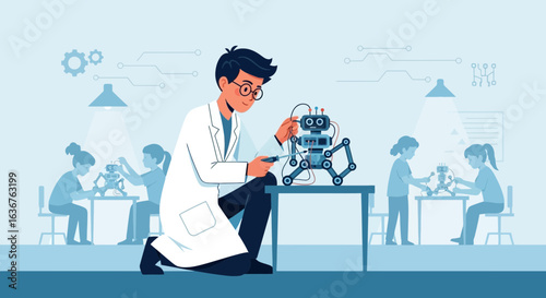 Young Man Engineers a Robot in a Classroom Full of Students Studying Robotics