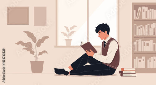 Young Man Reading Book in a Comfortable Room With Natural Light From the Window