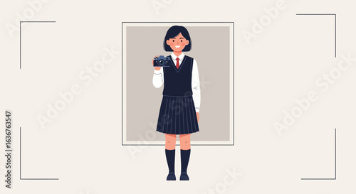 Young Photographer In School Uniform Holding Her Camera Taking Photos