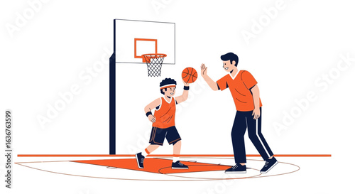 Young Player And Coach Celebrate Achievement During Basketball Practice Session