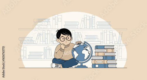 Young Scholar Contemplating the World: A Boy with Globe and Books in Library Setting