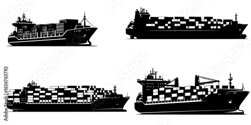 Black silhouette of a cargo ship with containers boat
