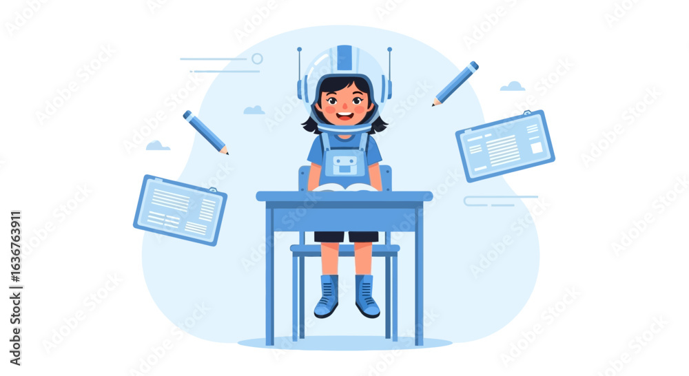 Fototapeta premium Young Student Dressed as Astronaut in Classroom Imaginative Learning Concept