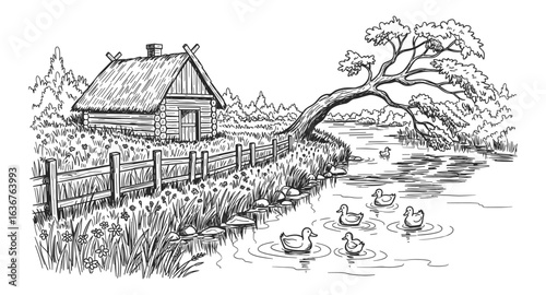 Rustic countryside scene with thatched roof cabin and ducks swimming in a river detailed line art silhouette