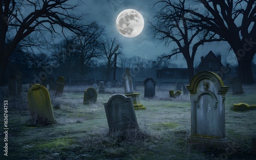 An old graveyard at night, with a gigantic moon and haunting silhouettes of spooky trees and tombs.