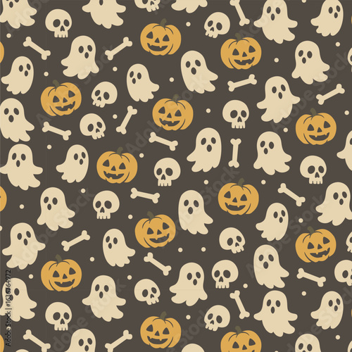 A festive Halloween pattern featuring pumpkins, ghosts, skulls, bones and stars on a dark background. Perfect for decoration designs and seasonal themes. 