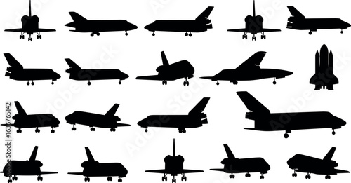 Collection of space shuttle silhouettes, various angles and positions, perfect for aerospace, aviation, space exploration, engineering, technology, flight, launch