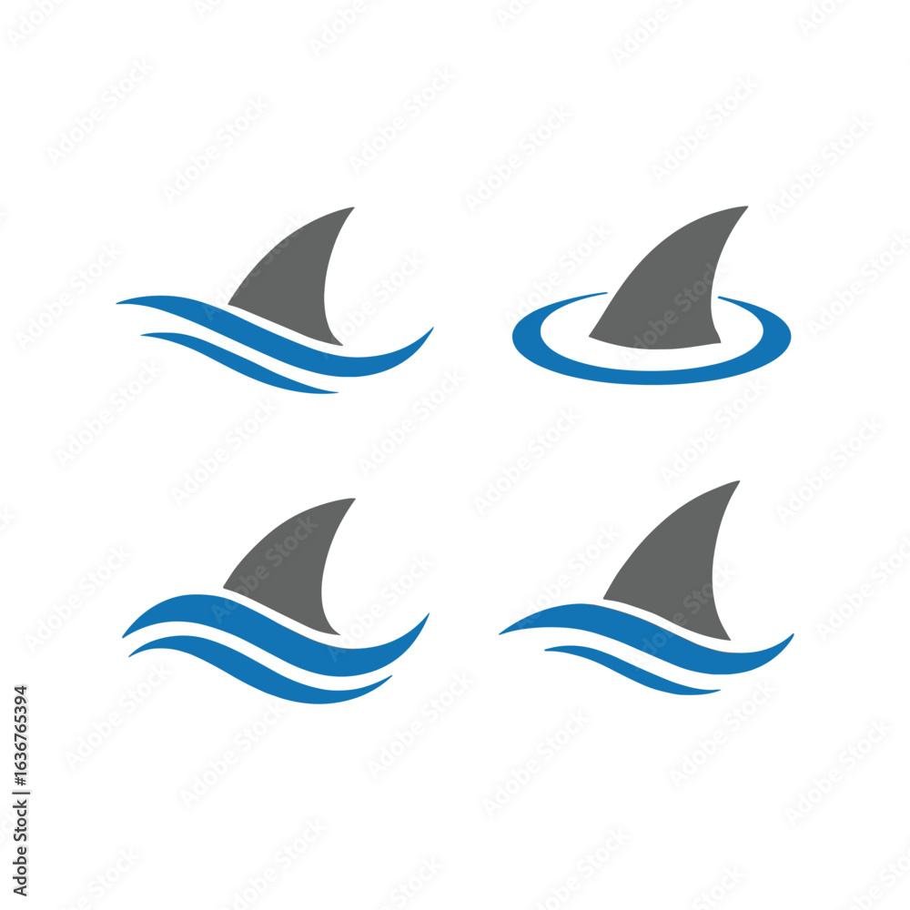 Fototapeta premium Shark fin icons in the ocean water depicting marine life and predator themes aquatic animal illustrations safety in the sea