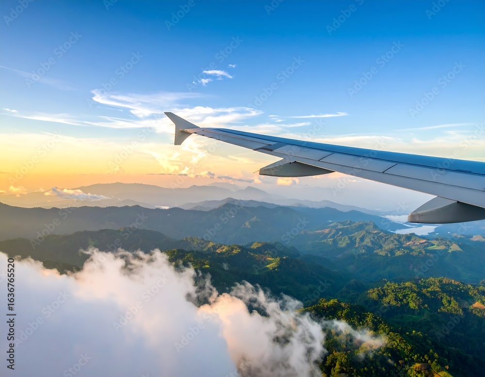 Fototapeta premium Airplane wing over clouds and mountains