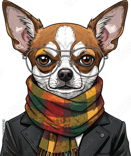 Stylish chihuahua dog wearing glasses scarf and coat trendy fashion illustration portrait