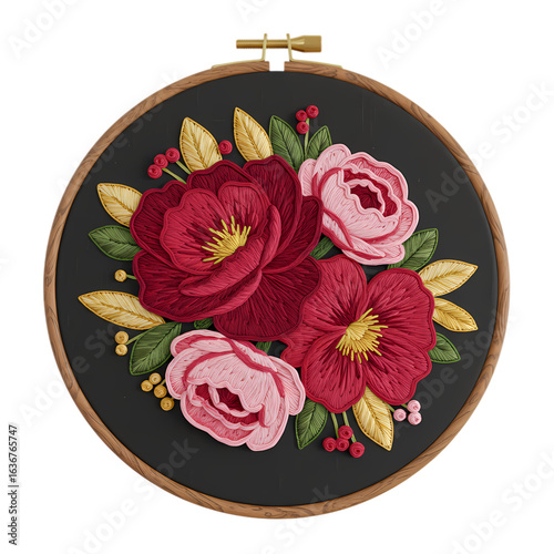 Embroidered Floral Hoop Art: Dark Background, Red & Pink Roses