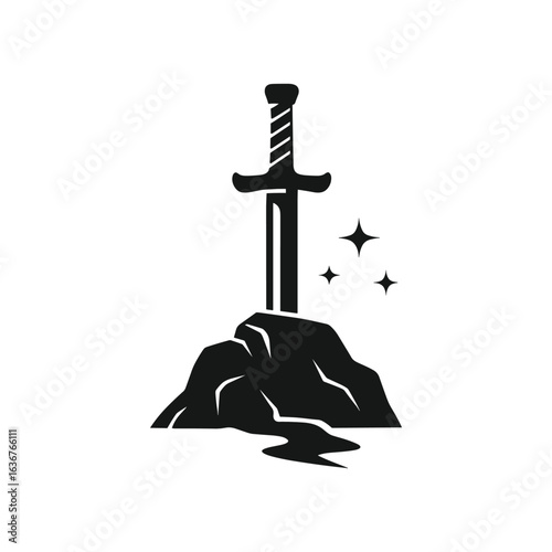 The Sword in the Stone Emblem Black and White Symbol of Legend and Magic Arthurian Tale Majesty Awaiting a Worthy Hand