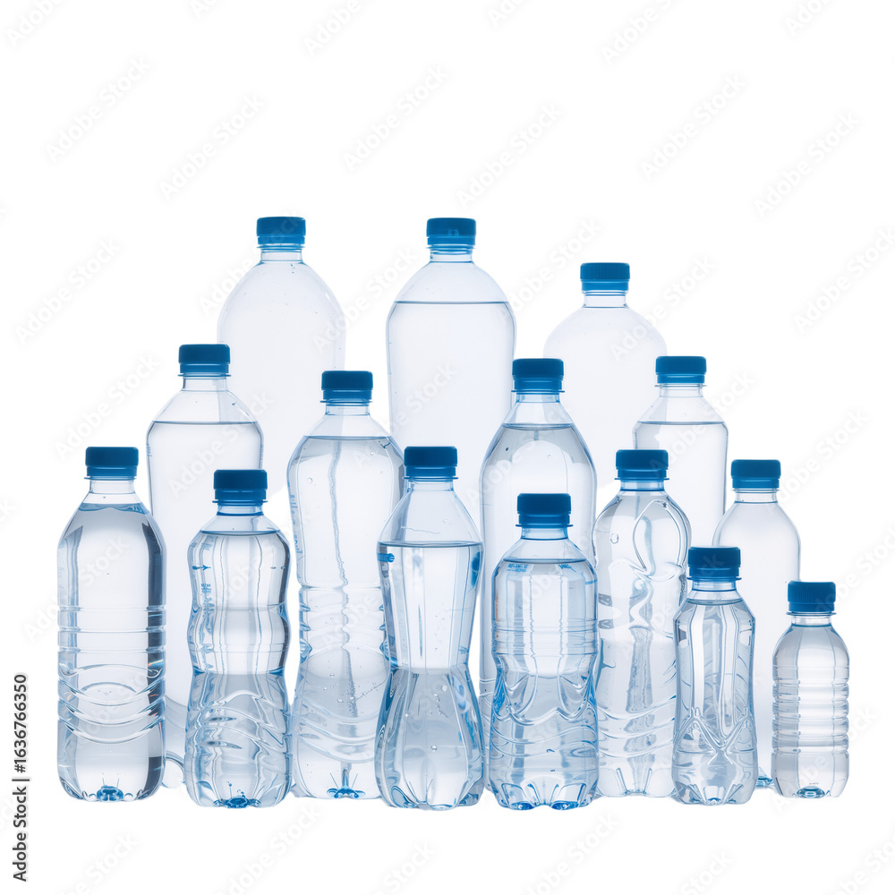 Naklejka premium Clear Plastic Water Bottles with Blue Caps – Symbol of Hydration, Simplicity, and Everyday Wellness
