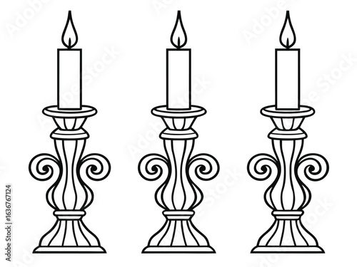 Vector illustration, outline, coloring book, set, candle in a candlestick, flame, hand-painting, abstraction