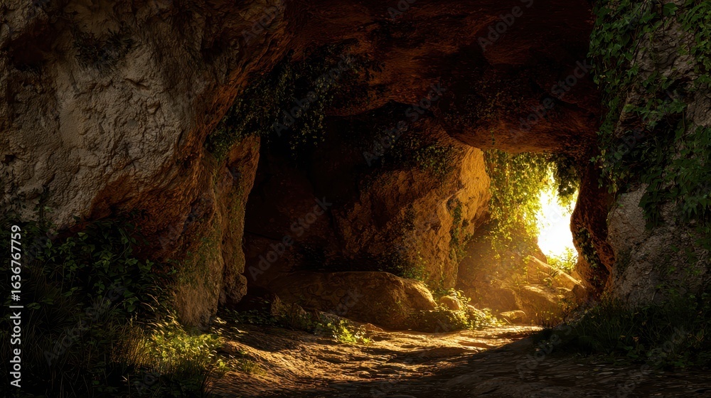 Obraz premium Serene Cave Entrance with Sunshine and Lush Greenery