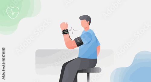 Man monitoring his cardiovascular health by measuring blood pressure with a digital tonometer and checking his heart rate on a smartwatch.