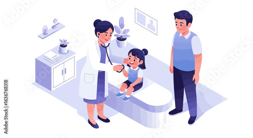 Female pediatrician conducting a medical check-up on a young girl with her father's support in a clinic. Isometric concept of family healthcare.