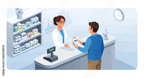 Friendly female pharmacist assisting a male patient at the pharmacy counter, illustrating modern healthcare with a digital prescription.