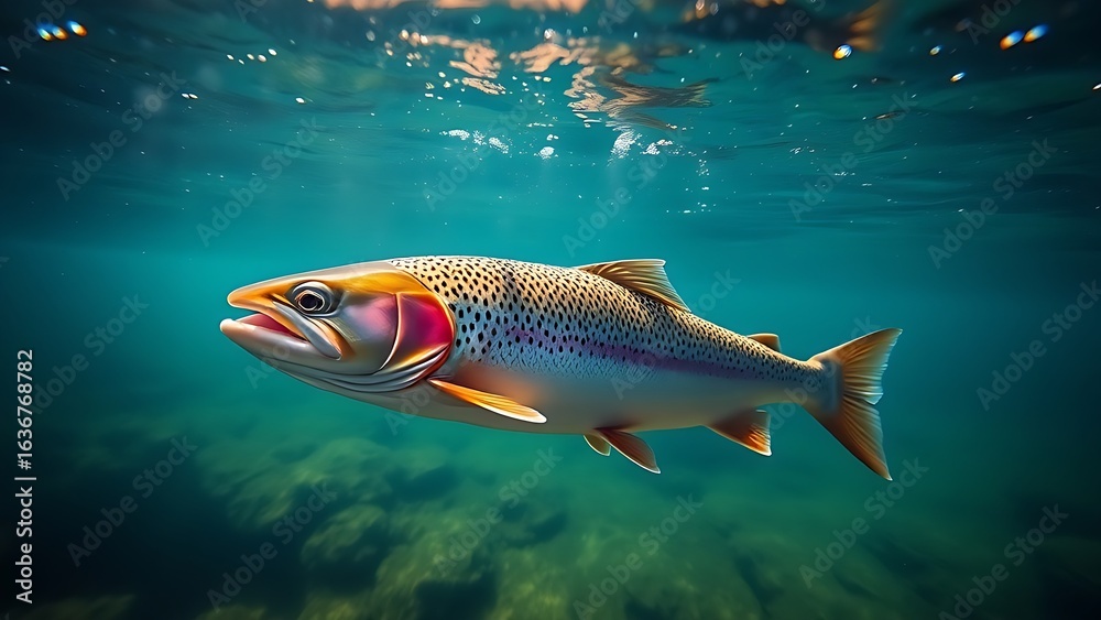 Naklejka premium Underwater view of trout swimming in clear stream, showcasing tranquil aquatic scenery.