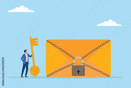 Vector illustration of a businessman holding a large key next to a chained and locked envelope, symbolizing secure communication, data protection, and confidential information access
