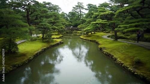 Scenic garden landscape with canal, bridge and lush greenery offering a serene view in Japan
