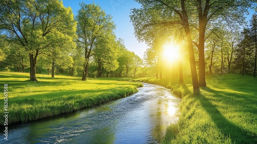 Sunny day Sunlight streaming over river through green trees and grass in natural landscape