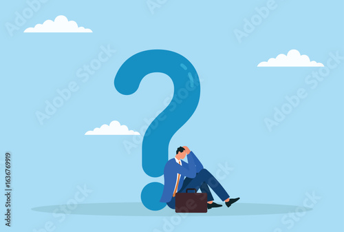 Vector illustration of a depressed businessman sitting under a big question mark, representing feelings of doubt, confusion, and uncertainty in professional or personal life
