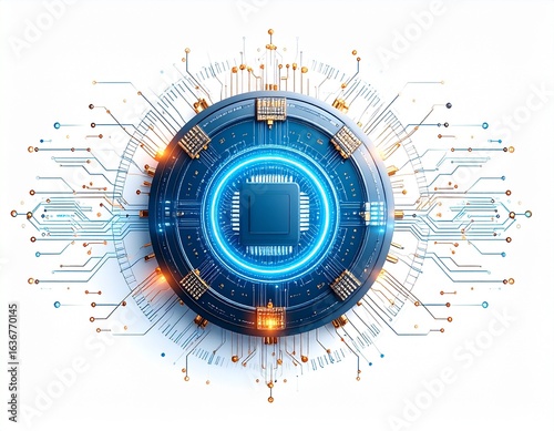 A futuristic circular microprocessor with a glowing blue core and intricate circuit board pathways on a white background.