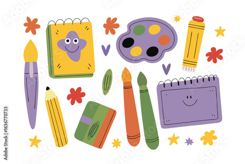 Artistic Essentials: A vibrant composition of creative tools including pencils, paintbrushes, a palette, and whimsical notebooks, sparking imagination and artistic expression. 