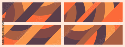 Set of four abstract geometric panels composed of intersecting curves and diagonal lines in warm earth tones like burnt orange, ochre, and deep brown. Ideal for backgrounds, wall art or web design.