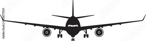 front view silhouette of commercial airplane with landing gear extended isolated on white background for aviation design use
