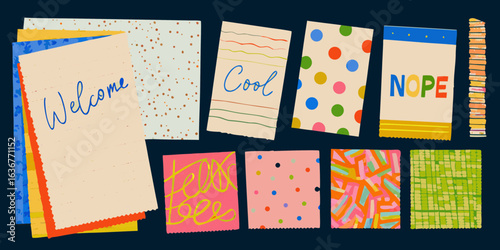 Collection of colorful illustrated cards and papers with text and patterns