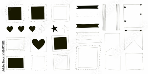 Hand drawn scrapbooking elements including frames hearts stars and banners