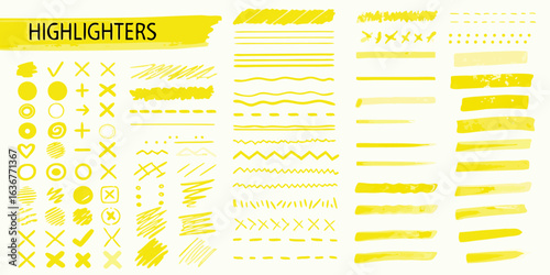 Collection of yellow highlighter strokes and marks