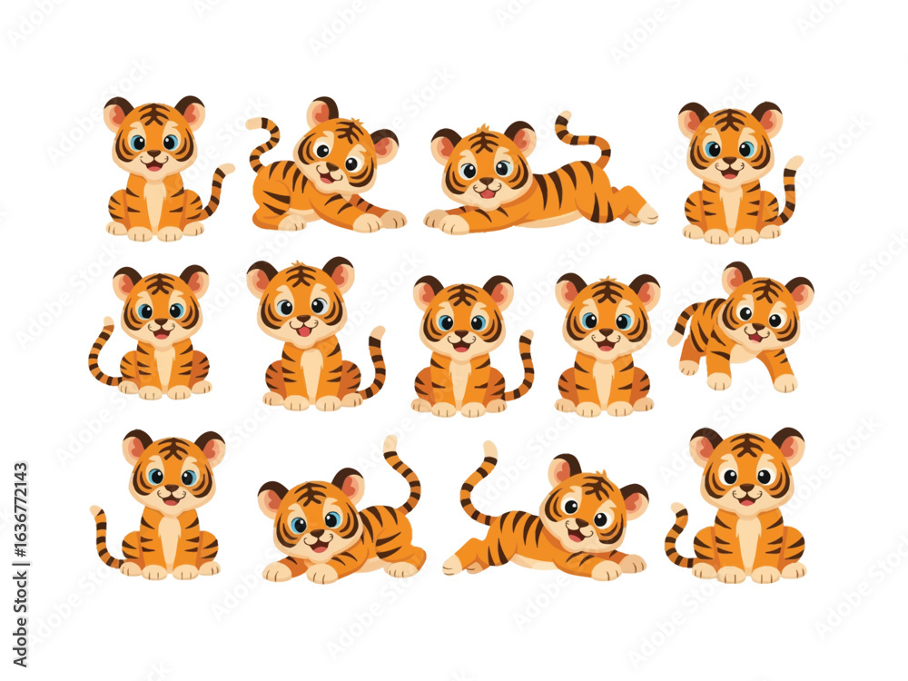 Obraz premium Cartoon Tiger Cub Array: An array of adorable cartoon tiger cubs showcase playful poses, evoking feelings of joy, friendship, and a dash of wild innocence.