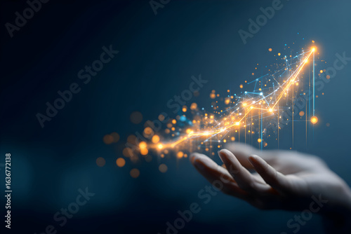 Hand Supporting a Luminous Arrow of Digital Growth and Innovation.