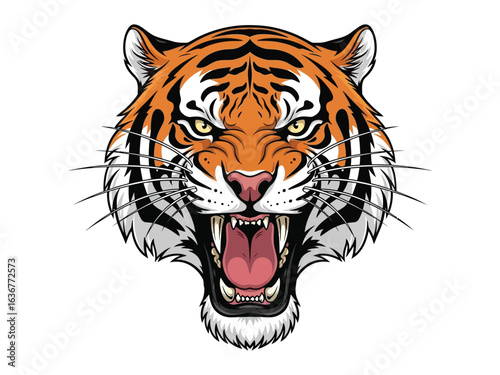 Tiger Head Roar: a dynamic and eye-catching illustration of a fierce tiger head, showcasing its powerful roar and commanding presence.