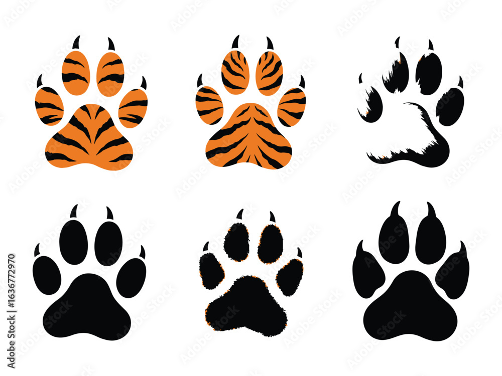 Fototapeta premium Tiger Paw Prints: a selection of vibrant tiger paw prints, showcasing the distinctive patterns of this majestic feline. this collection includes both striped and solid impressions.