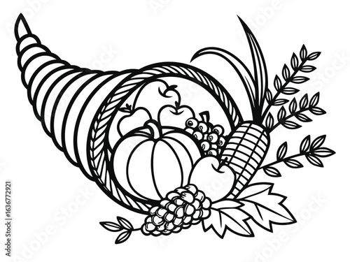 Outlined the Horn of Plenty. Thanksgiving cornucopia with autumn fruits and vegetables. Vector lineart illustration coloring page