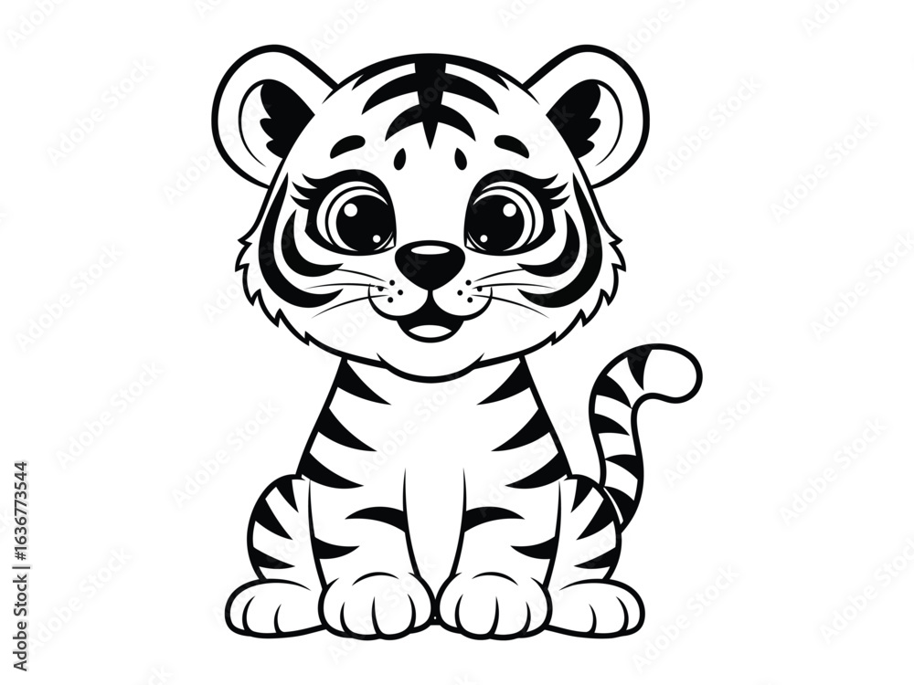Fototapeta premium Playful Cub in Monochrome: A charming monochrome illustration of a tiger cub, radiating innocence and playfulness, embodies the grace and joy of a jungle juvenile. 
