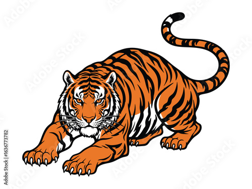 Tiger in the Shadow: A digitally crafted, dynamic illustration of a majestic tiger, with its powerful stance and striking stripes.
