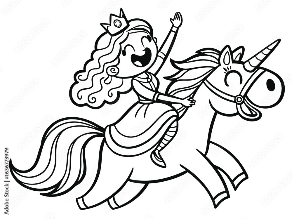 Fototapeta premium Niedliche Prinzessin reitet auf einem Einhorn line art Vector Illustration