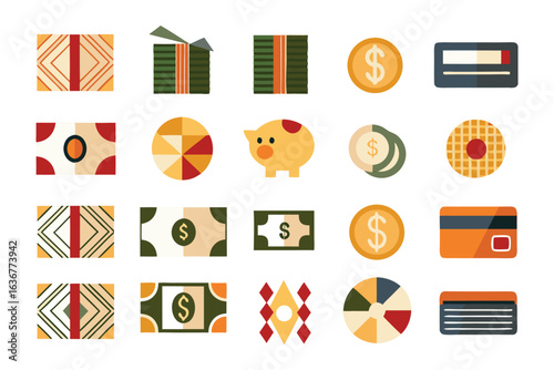 Financial Icons in Grid: A captivating array of minimalist financial icons, offering a contemporary aesthetic of monetary elements. From bills and coins to payment cards and more.