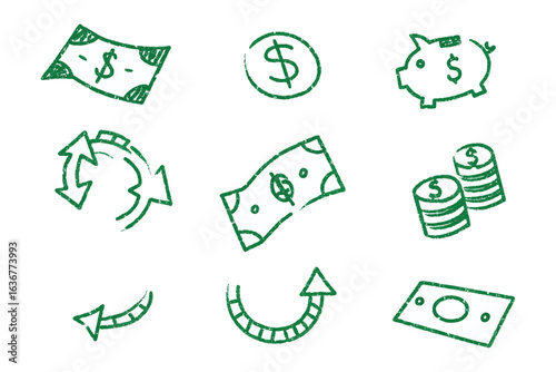 Financial Sketches: A collection of hand-drawn financial symbols and currency illustrations with doodles of money.